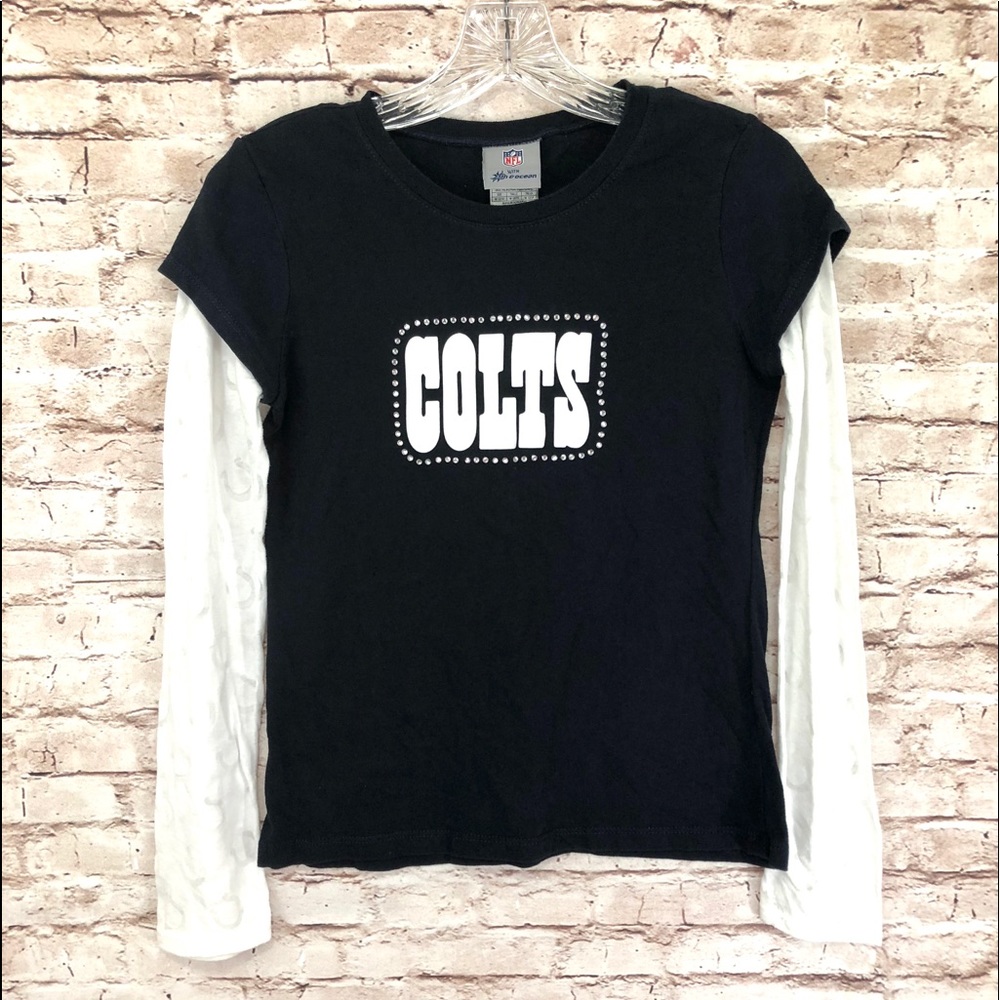 NFL Indianapolis Colts Girls Bling Top Size 12/14 Youth Glitter Logo Shirt EUC